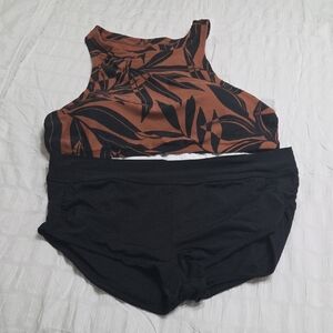 Brown and Black Leaf Print Crop Top and Shorts Set